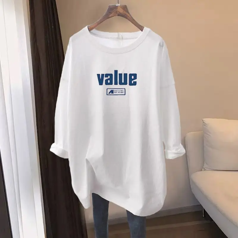 Women Clothing Casual All-match Chic Printing T-shirt Autumn Pure Cotton Loose O-neck Long Sleeve Pullover Office Lady Chic Tops