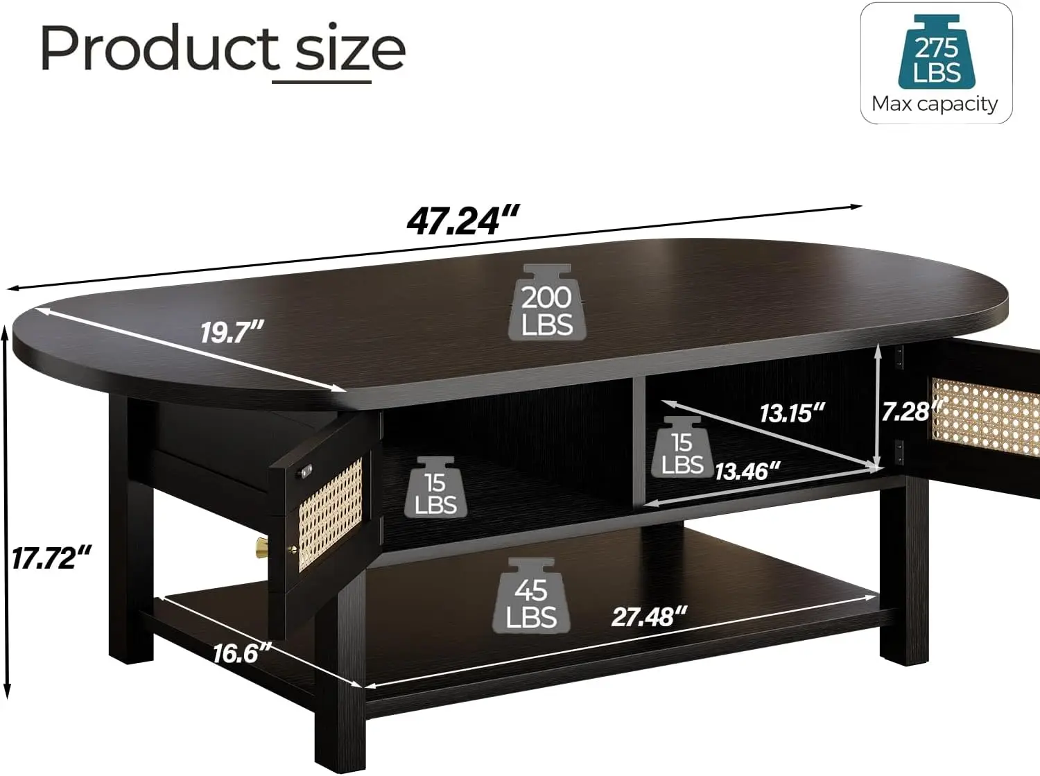 Oval Rattan Coffee Table, Modern Wood Living Room Center Accent Table With Storage Doors And Open Shelf For Home Office Bedroom, Boho Farmhouse Tea Table, Black Oak, One Piece