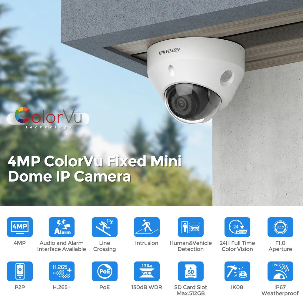 Hikvision 4 MP ColorVu Mini Dome Vandal Proof  IP Security Surveillance Camera Perimeter Protection SMD CCTV System 4CH NVR APP