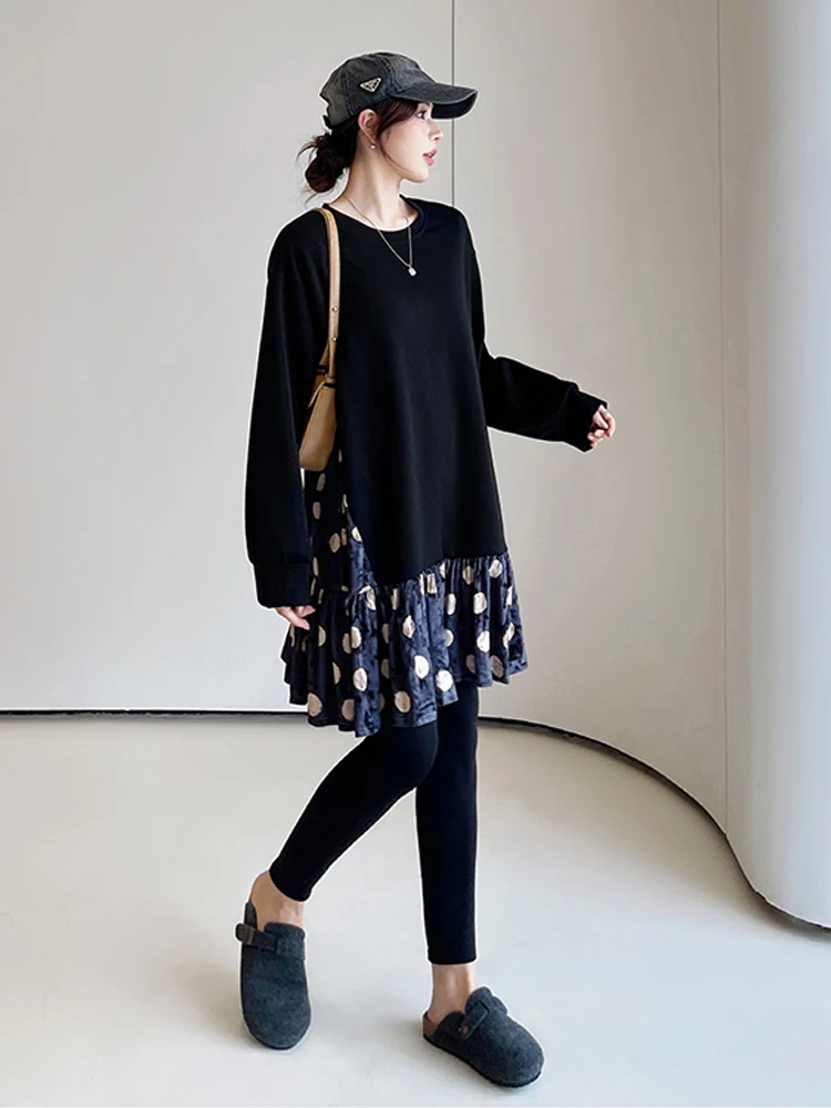 NYFS فساتين نسائية خريف شتاء فضفاض حجم كبير المرقعة المخملية نقطة هيم Elbise رداء نمط فستان كاجوال عصري #4