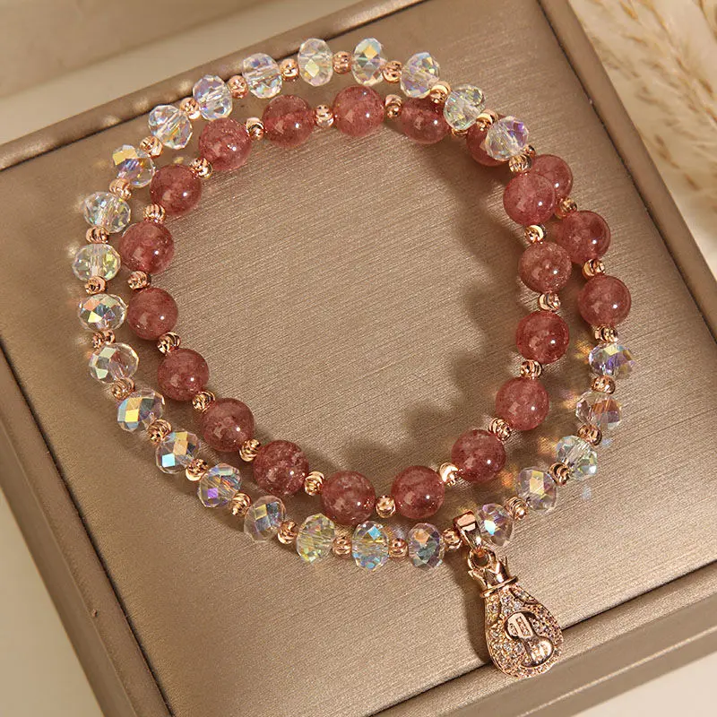 Original Niche Design Strawberry Quartz Bracelet Multi-Layer Pink Crystal Purse Pendant Bracelet for Girlfriend Girlfriend Gifts