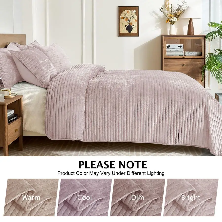 Juego de edredón de terciopelo de lujo tamaño Queen, 3 piezas, suave y acogedor juego de edredón de terciopelo a rayas de gran tamaño con 2 fundas de almohada, funda ligera