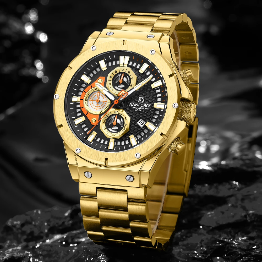 NAVIFORCE Luxury Golden Watch for Men Original High Quality Men\'s Quartz Wristwatches Chronograph Waterproof Steel Strap Clock