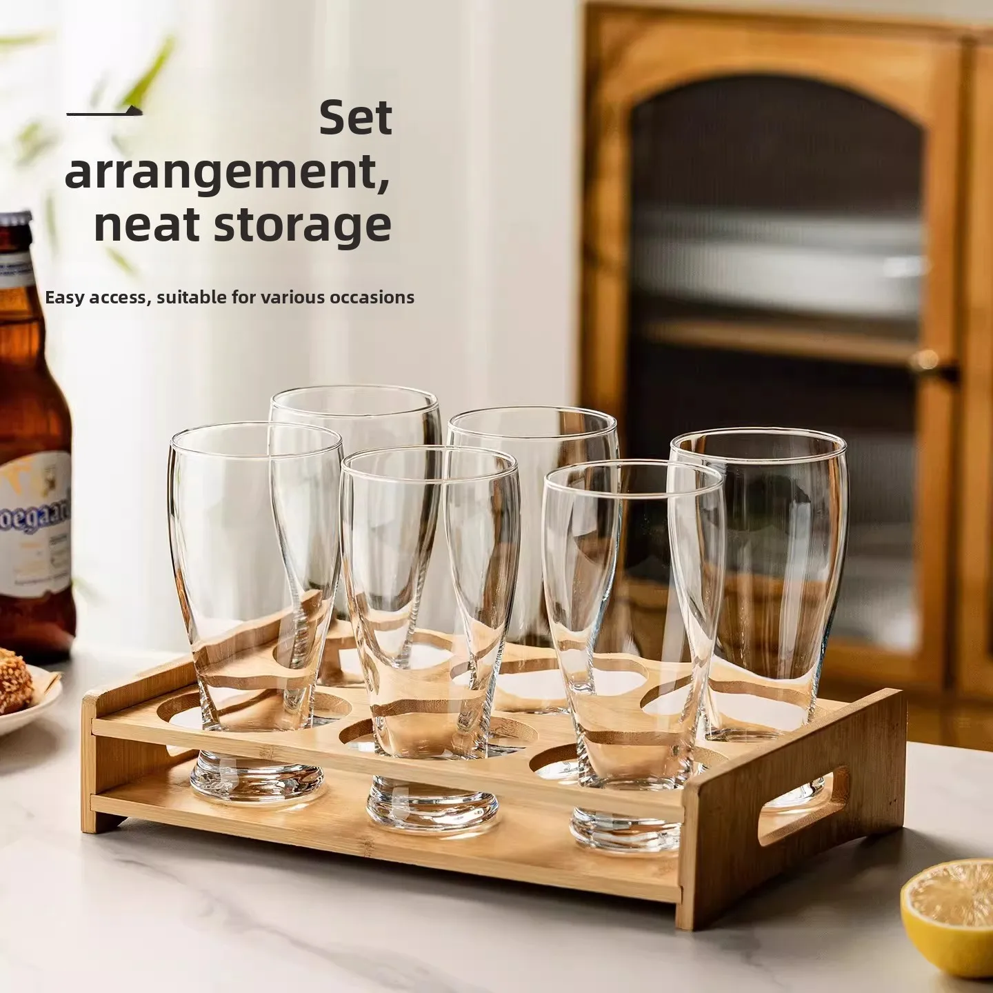 home-new-large-capacity-glass-beer-mugs-set-with-wooden-tray-waist-design-storage-rack-simple-style-beer-glasses-for-party