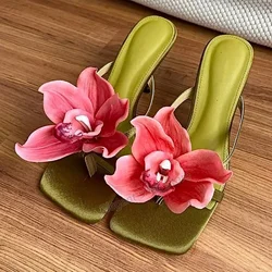 Floral Decoration Women's Slippers Summer New Flower Cross Strap Square Toe Flip Flops Fashion Ladies Party Beach Casual Shoes