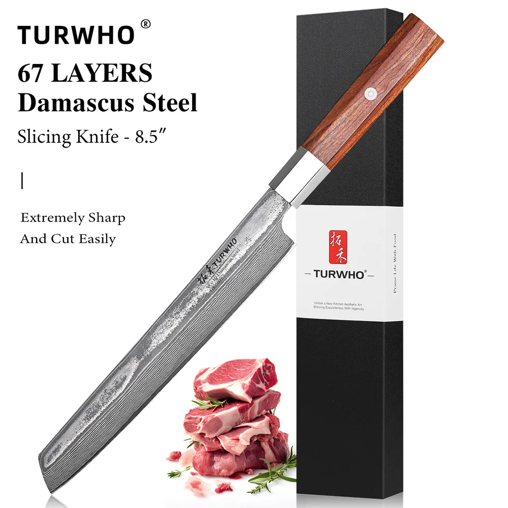 

TURWHO 8.5-inch Slicing Knife 67 Layer Damascus Steel Carving Knife Sashimi Meat Cleaver Beef Professional Kitchen Chef Knives