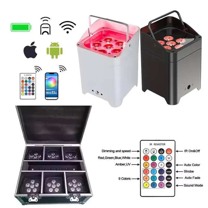 

RGBWA UV Dj Wedding Uplights Rechargeable Par Can 6x18W RGBWA+UV LED Uplight APP/Remote/DMX512 Control Stage Lights Uplight