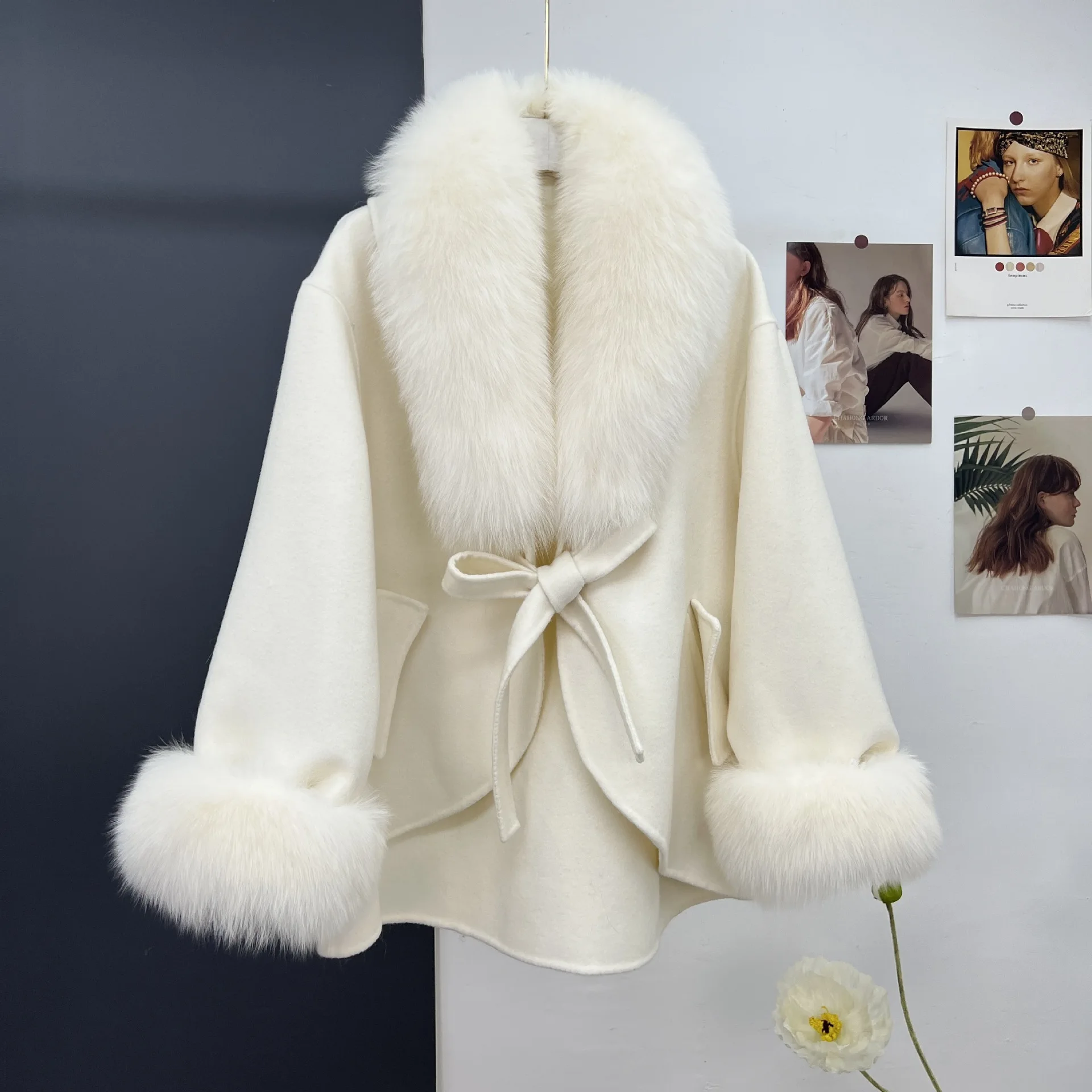 Autumn and Winter New Fur Coat with Wool Double-sided Wool Coat Women's Mid length Cloak Shawl Hair Silhouette