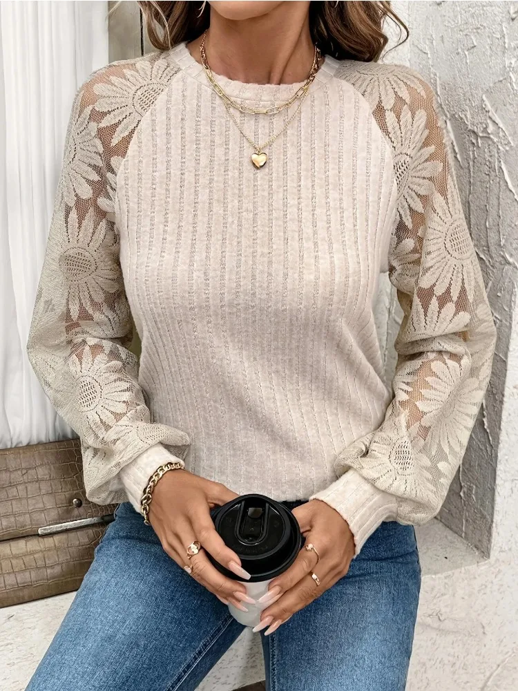 Elegant O-neck Lace Pullover Top Embroidery Sweater Autumn Women 2025 Spring Loose Shirt Fashion Long Sleeve Hollow Out Blouses