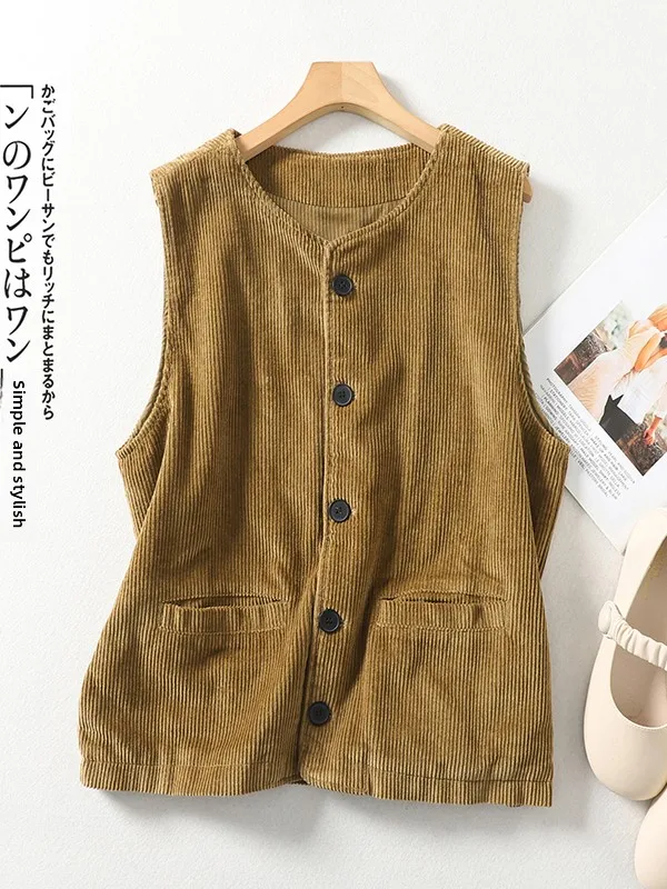 

Retro Corduroy Vest Svel Top Large Size Women's Artistic Full Cotton Corduroy Vest New Sle oulder Pad Jaet