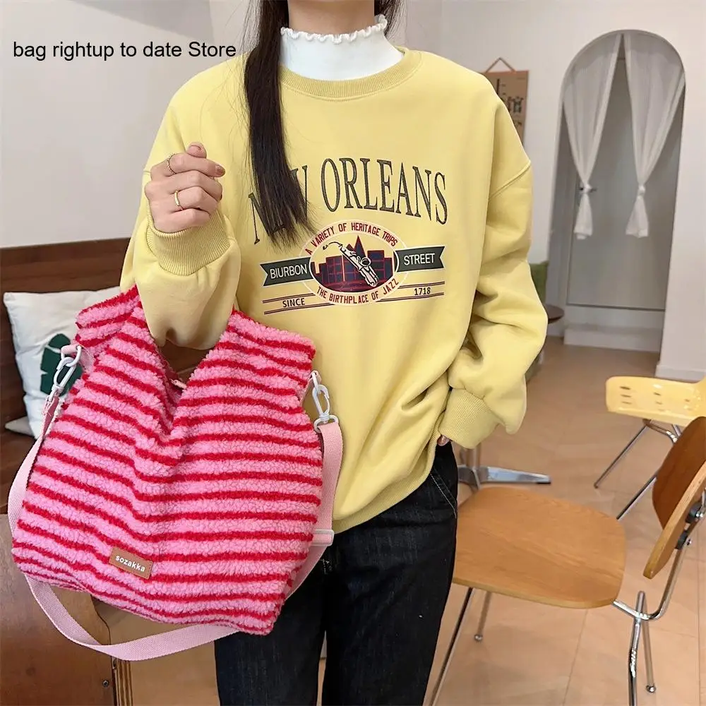Women's Autumn Winter Plush Striped Polka Dots Shoulder Bag Retro Crossbody Handbag Plenty of Room Casual and Student Use