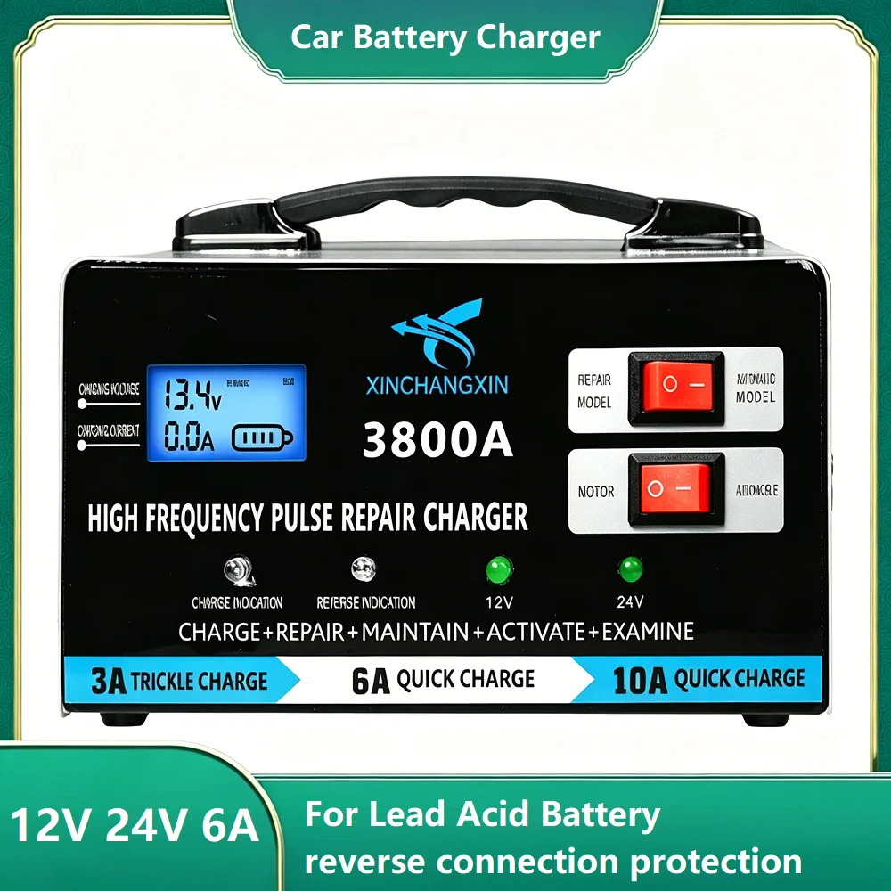 

Full Automatic Car Battery Charger 12V 24V High Power Fast Charger Repair For Lead Acid Battery reverse connection protection