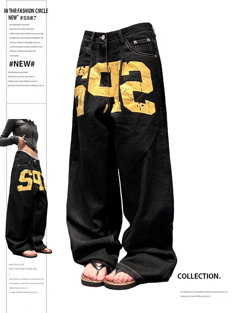 2025 Autumn Winter Women's Wide Fit Hip-pop Denim Pants Y2K Baggy Mom Jeans Graphic Harajuku Cowboy Japanese Streetwear Hip-pop