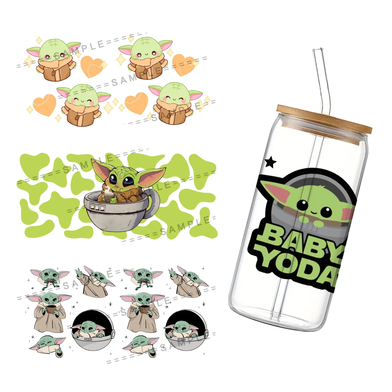 Star Wars Yoda Pattern UV DTF Transfer Sticker Waterproof For 16oz Glass Cup Wrap Stickers