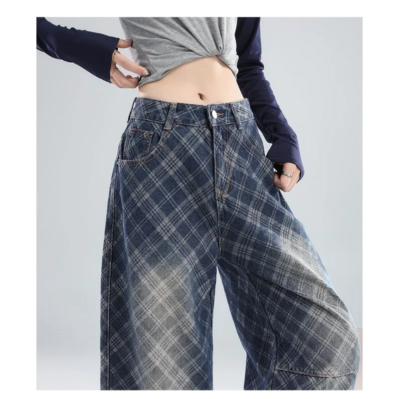 OIQERE Women American Retro Plaid Curved Jeans Washed Wrinkle Design Casual Unique Straight Wide Leg Denim Trousers