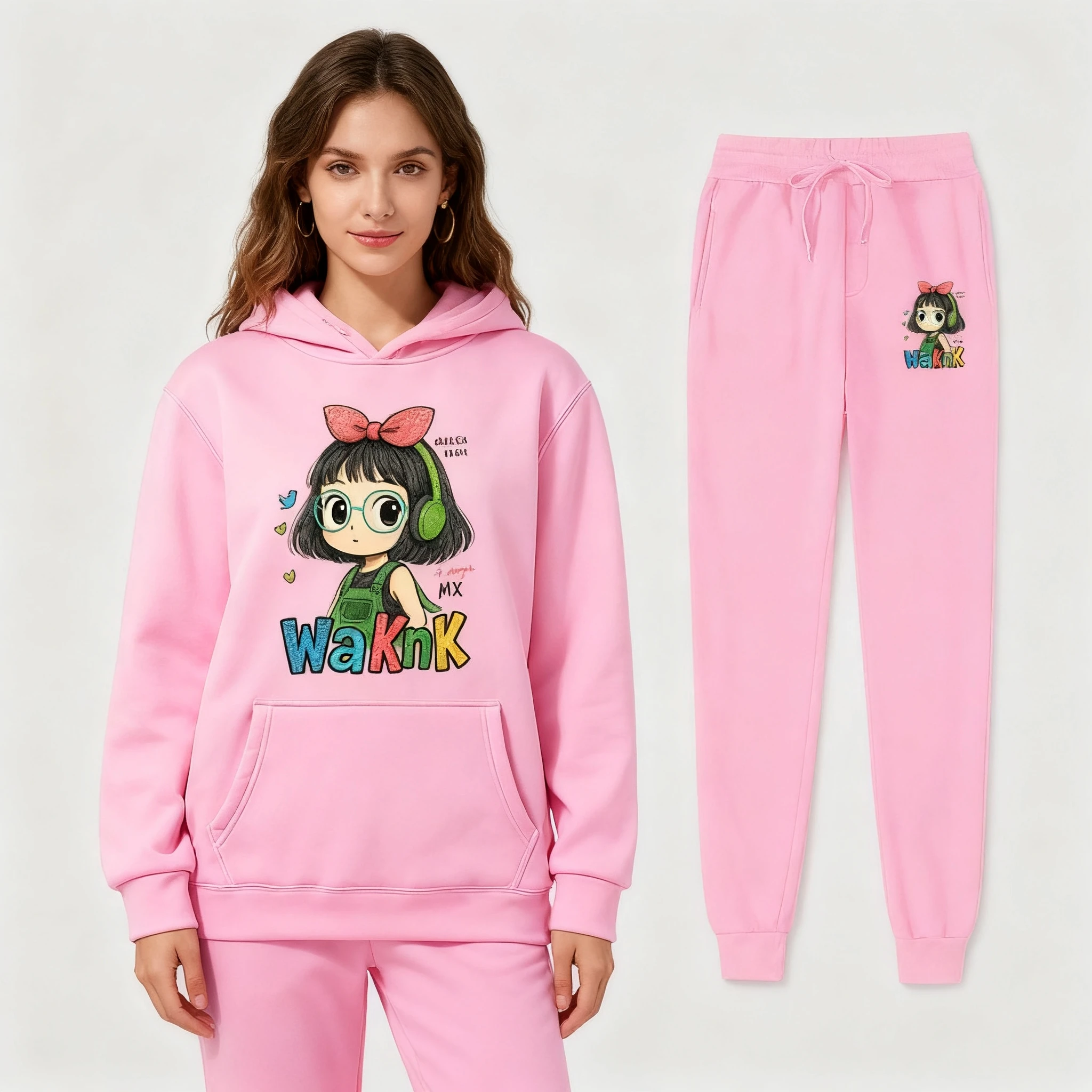 Ladies' Cozy Fleece-Lined Tracksuit Cartoon Printed Hoodie + Sweatpants, Skin-Friendly Outfit for Leisure