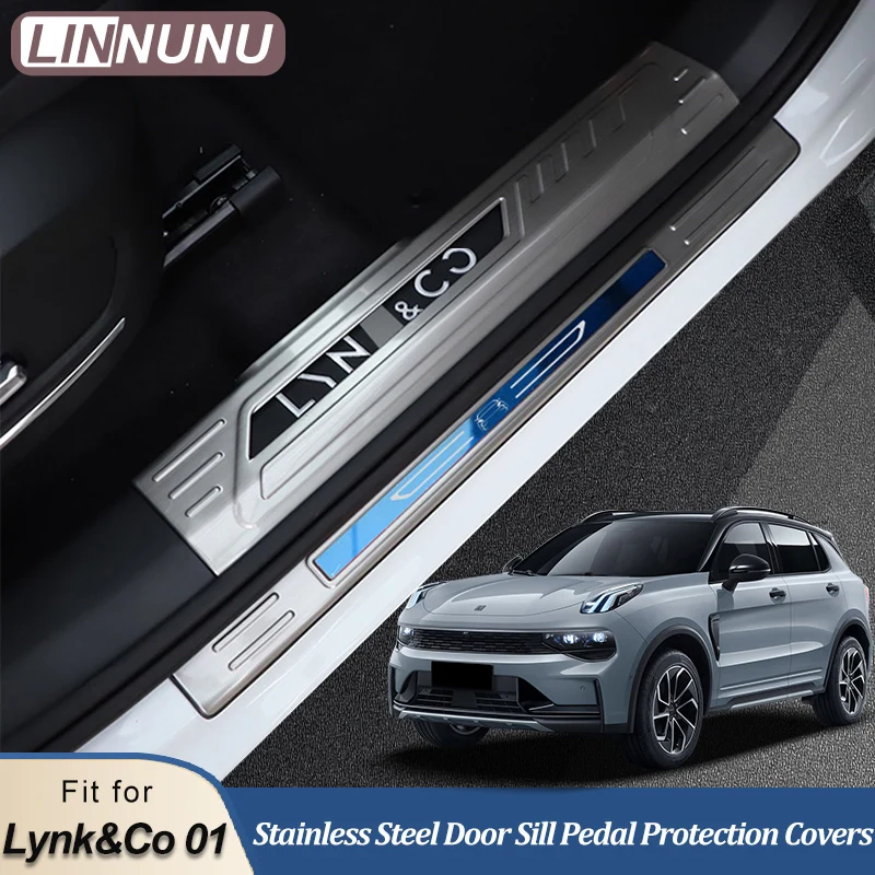 LINNUNU Car Door Sill Pedal Cover Stainless Steel Scuff Plate Strip Accessories Anti Scratch Trim ExteriorParts Fitfor Lynk&Co01