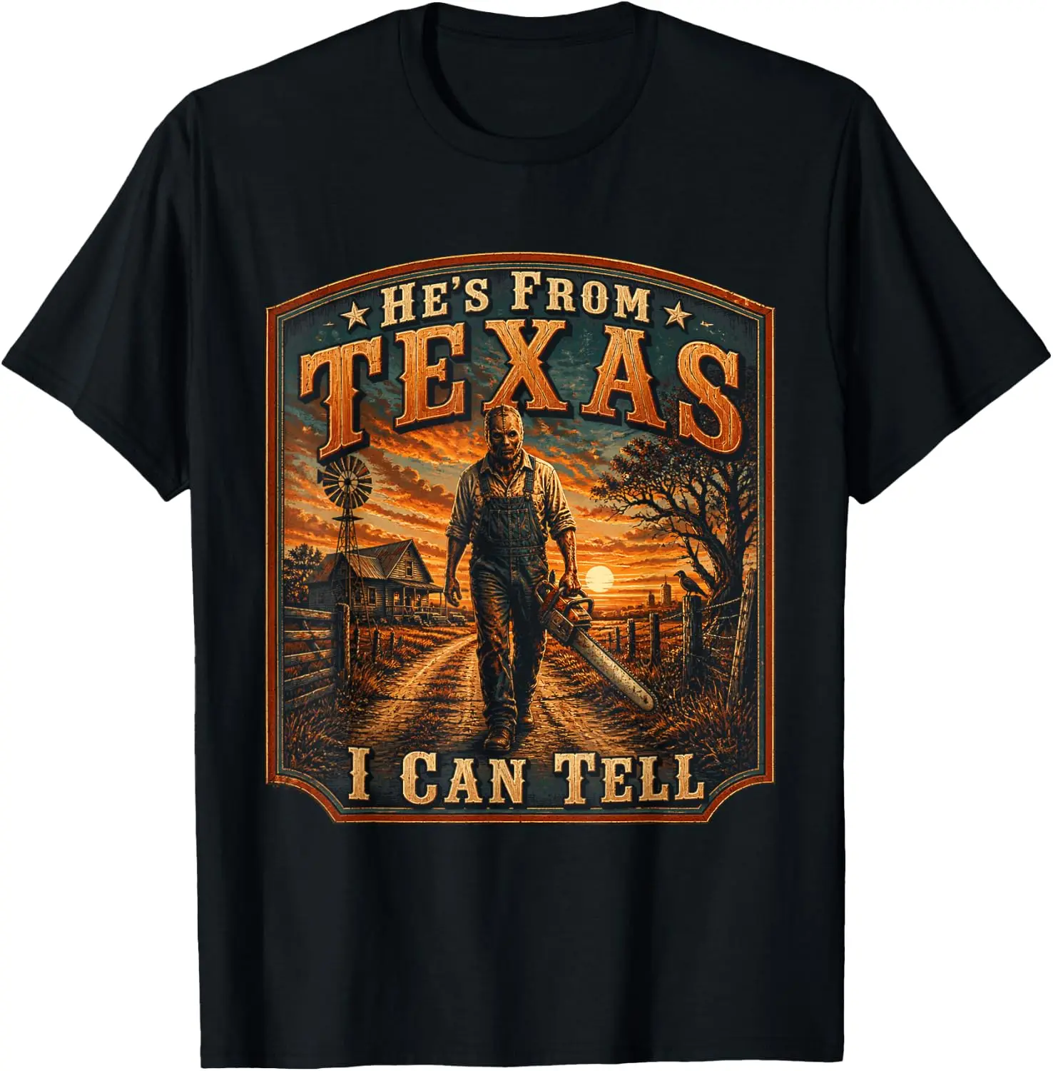 He's From I Can Tell Funny Texas Horror Art T-Shirt Unisex Holiday Theme Graphic Print T‑Shirt Halloween Christmas Thanksgiving Festive Party Short Sleeve Cotton Tee Tops Men Women.