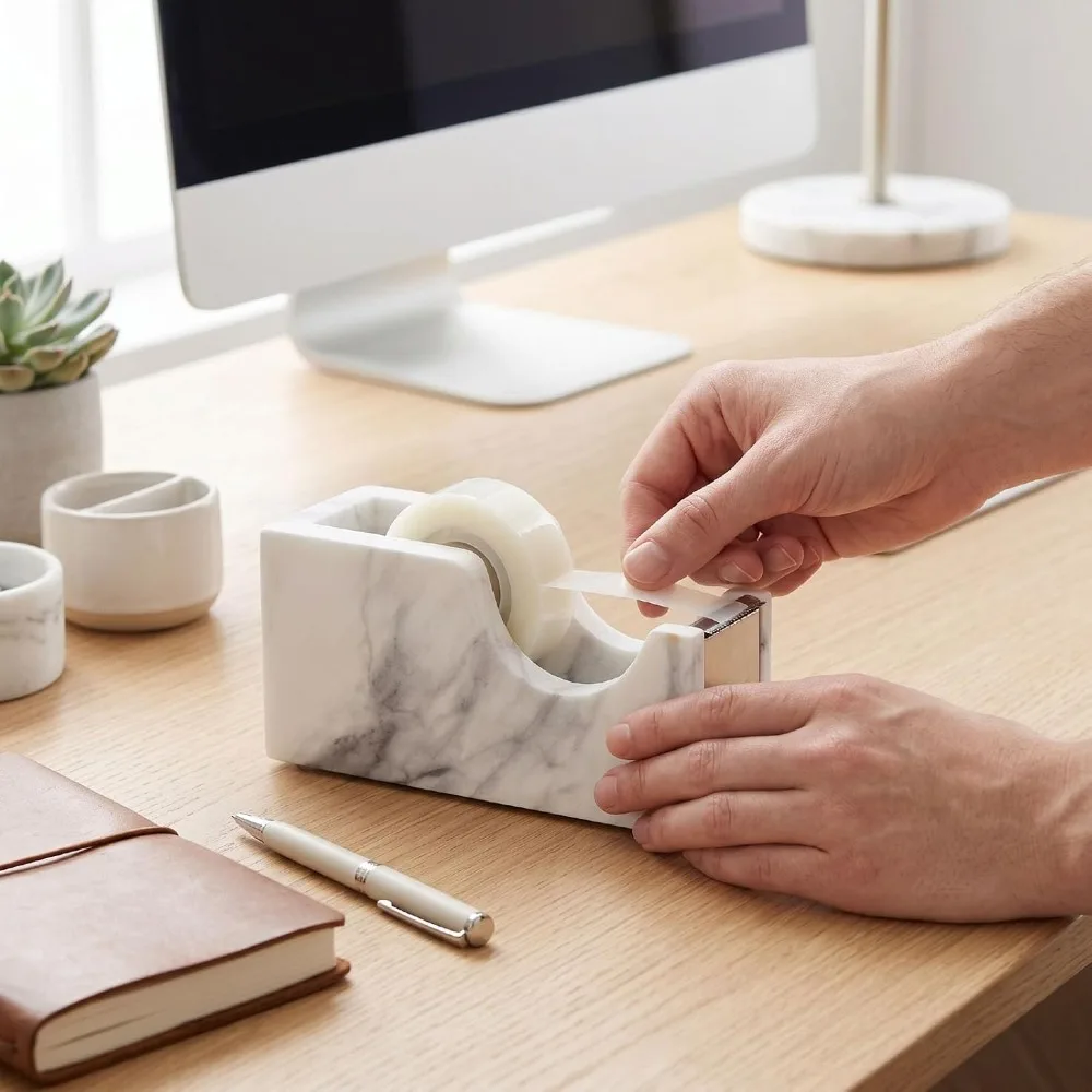 ゴールドのデスク用テープディスペンサー。頑丈なベース、アクリル製のデスクトップ用テープディスペンサー。滑り止め加工のベース、金属製の芯材、テープロールホルダー。