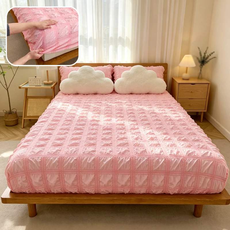 Summer Soft Skin-Friendly Solid Color Jacquard Bed Cover Breathable Fitted Sheet 2026 New Bubble Gauze for Home Bedroom Decor