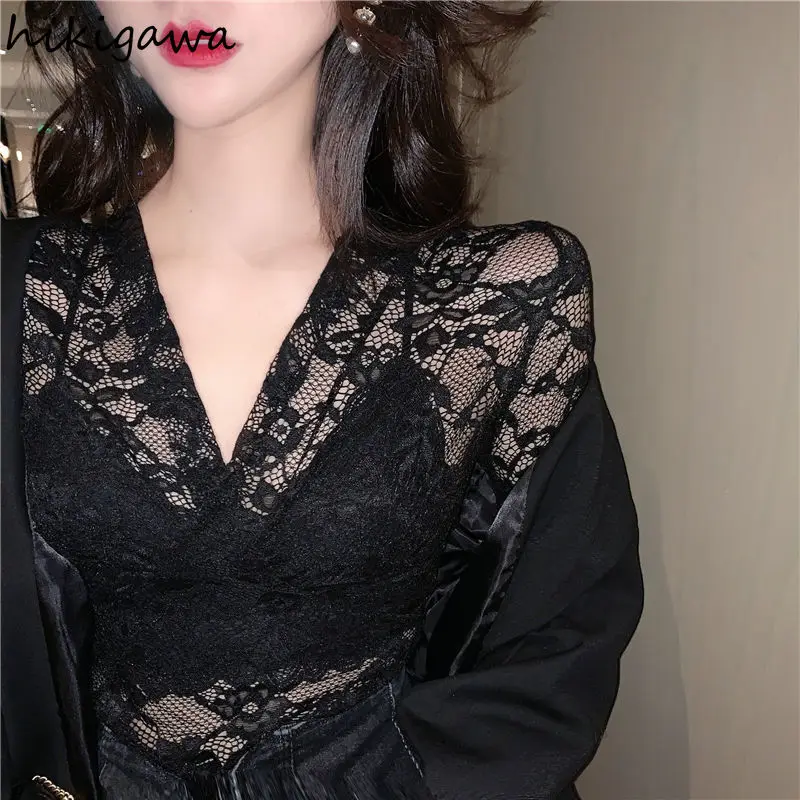 Sexy Gauze Blouse Women Clothing 2023 Blusas Muuer De Moda Long Sleeve Tunic Lace Hollow Out Crop Tops See Throught Y2k Shirts