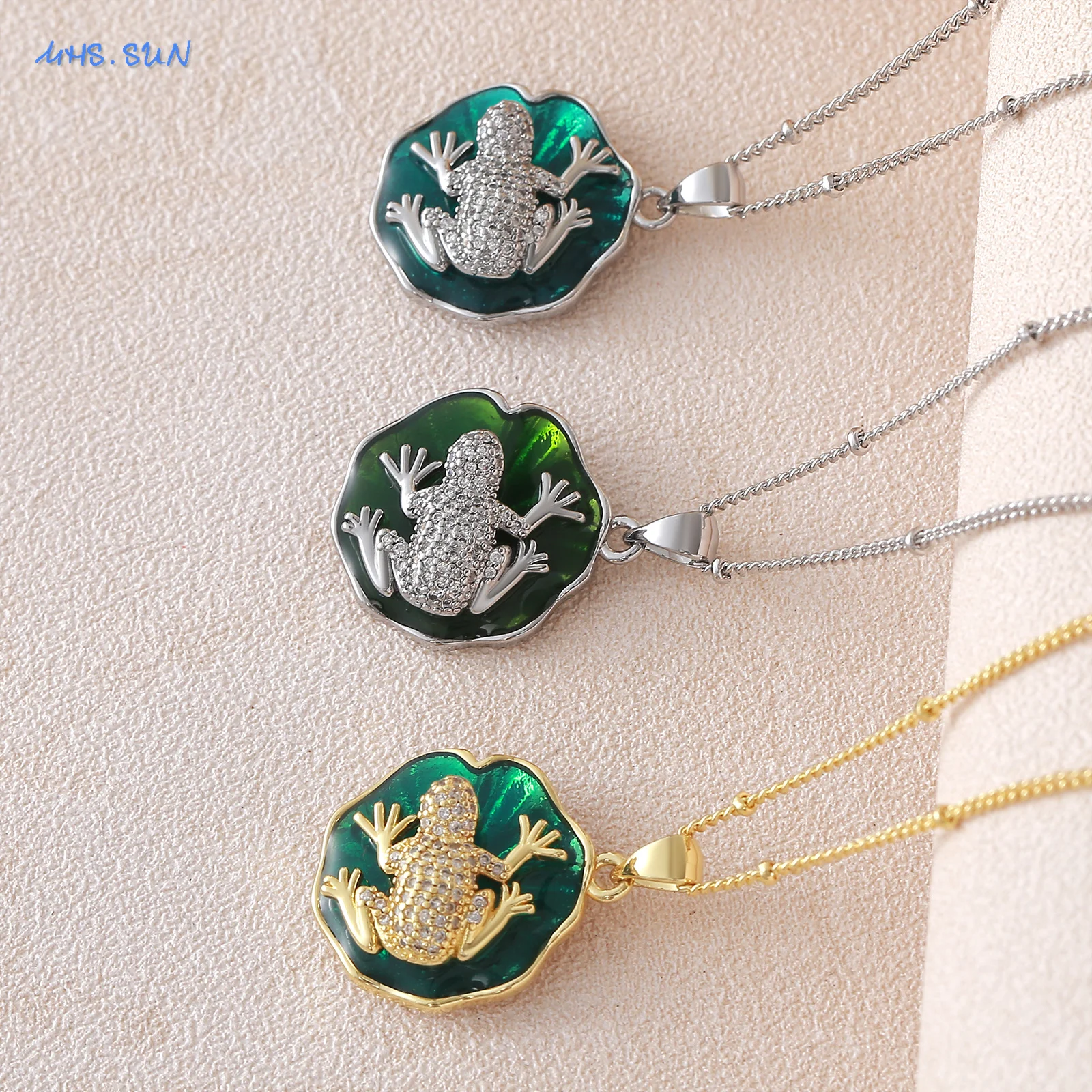 MHS.SUN فريد قطرة النفط لوتس ليف على شكل قلادة القلائد الذهب/الفضة اللون الضفدع مكعب الزركون سلسلة مجوهرات للنساء الرجال