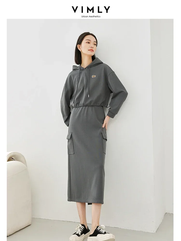 Vimly Gray Womens 2 Piece Outfit Set Cropped Hooded Sweatshirts Elastic Wais Split Skirts 2024 Spring Casual Matching Sets M3971