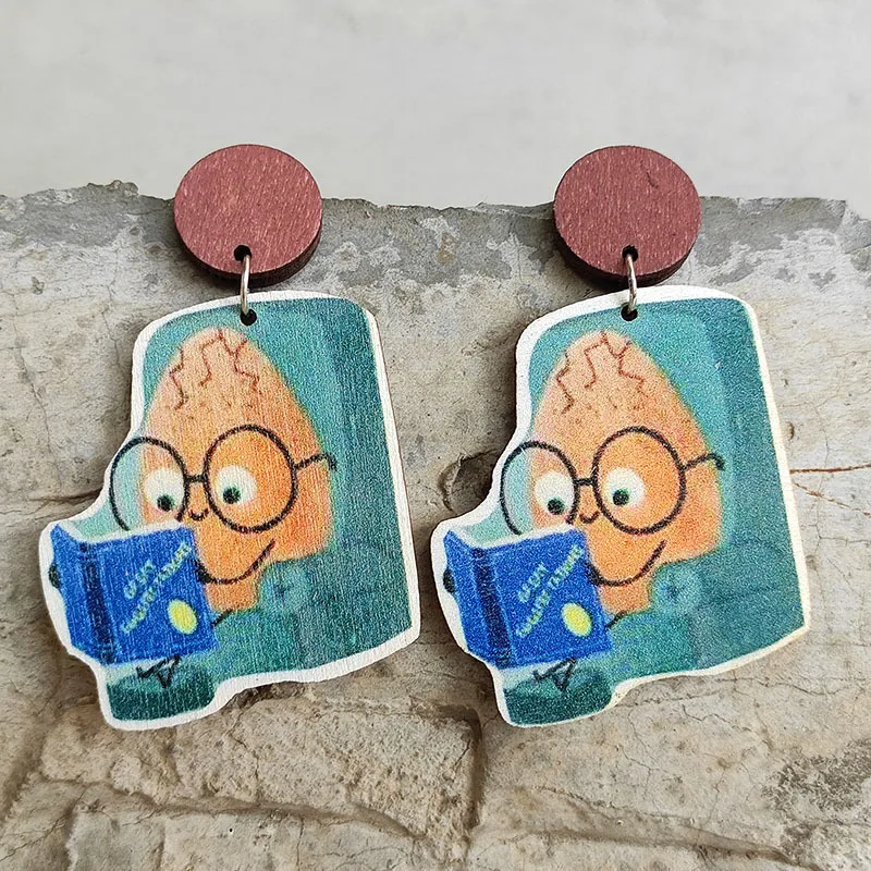 Cute Wooden Animal Cartoon Earrings For Women Bear Butterfly Insert Crayon Book Teacher Earrings Teachers\' Day Gifts Wholesale