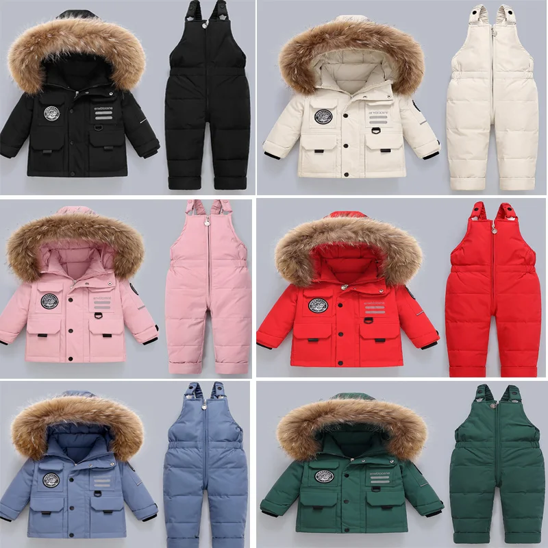 2024 Winter Children's Down Jacket Set Thickened Hair Collar for Infants and Young Children Down Jacket Pants