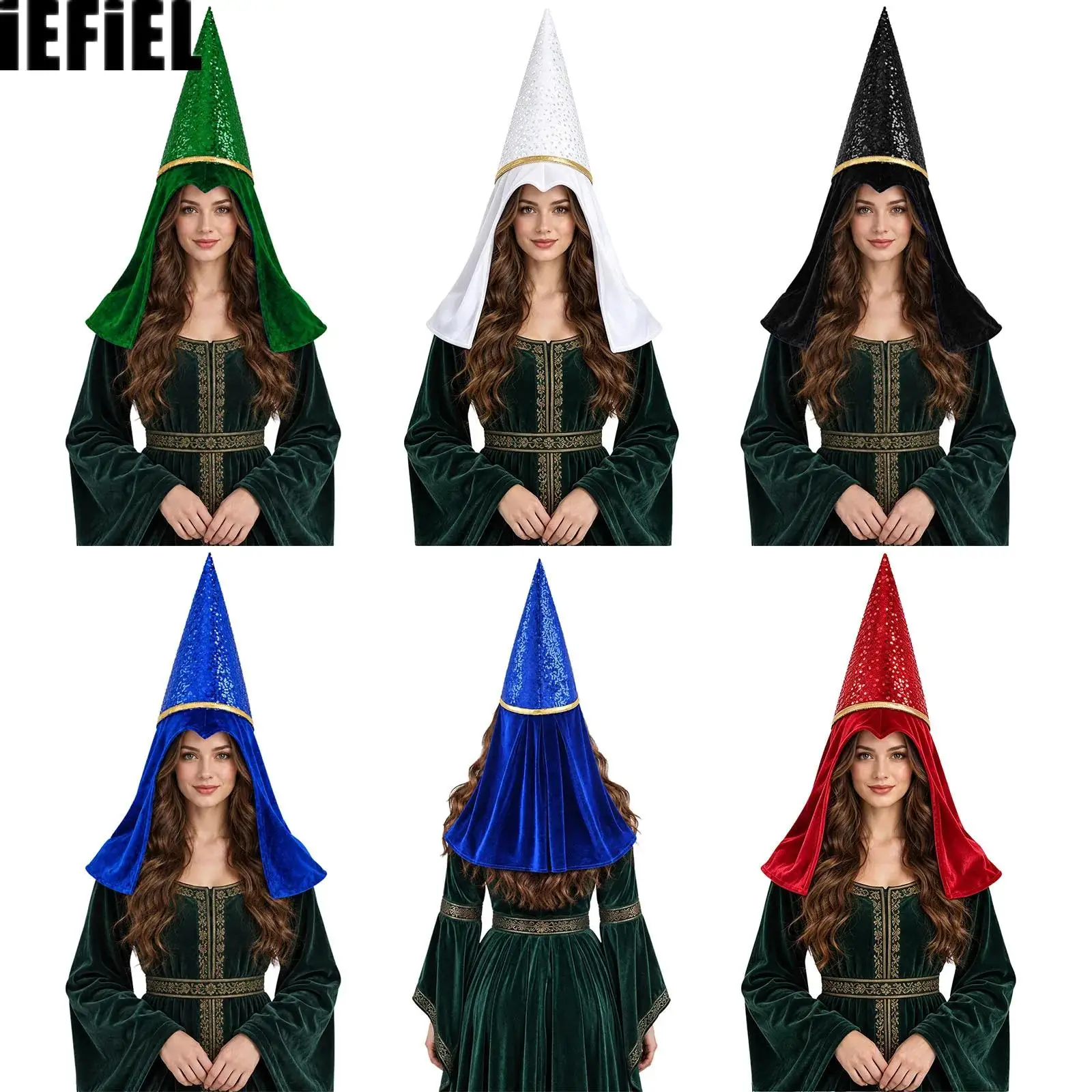 Velvet Witch Wizard Hat Sequin Pointed-top Elf Cap Headgear for Christmas Halloween Cosplay Theme Party