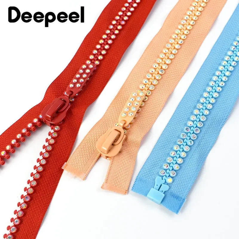 1/2Pcs 10# 60cm Resin Zipper Rhinestone Decor Zip Open End Zips for Jacket Bag Clothes Zippers Repair Kit DIY Sewing Accessory