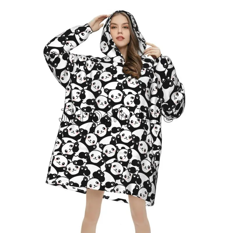 Cute Panda Wearable Blanket Hoodie Women Sherpa Oversized Pullover Sweatshirt Soft Warm Cozy Flannel Fleece Blanket with Pockets