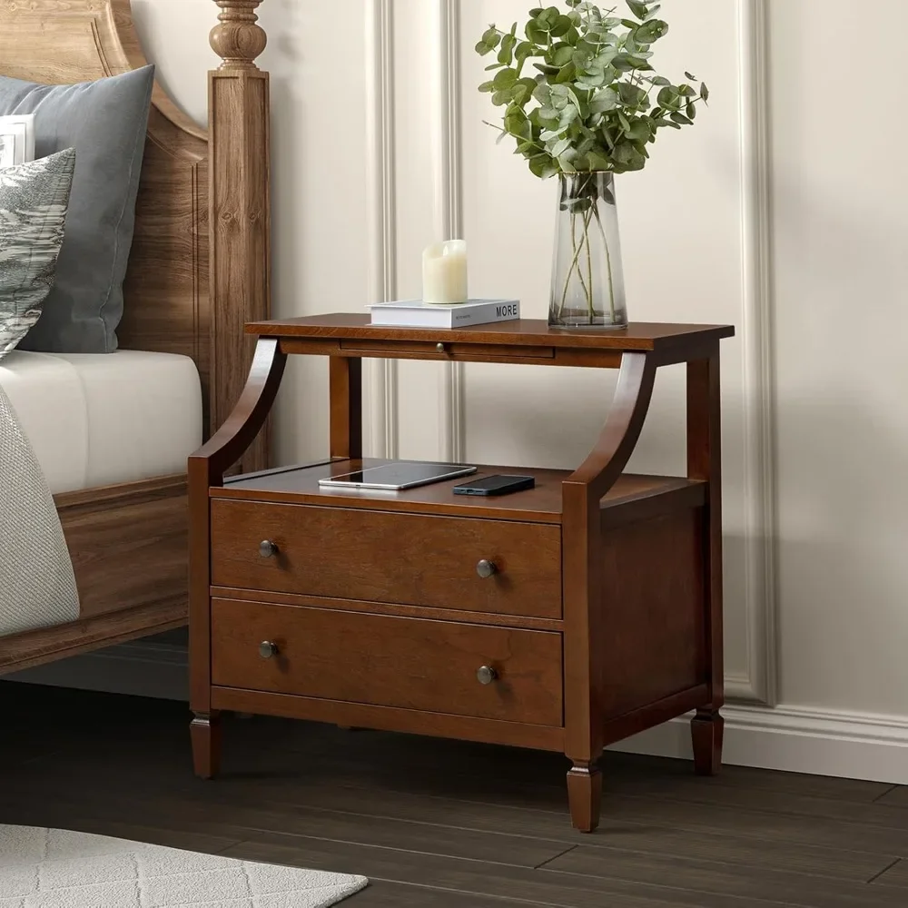 

Wood Nightstand with Charging Station, 2 Drawer Large Walnut Nightstand, Out Shelf End Table with Storage for Bedroom