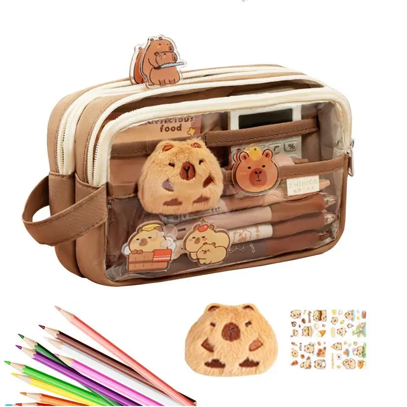 

Cute Capybara Pencil Case Aesthetic Clear Wide Opening Mouth Pouch Workplace Stationery Multi-layers Pencil Box For Gift