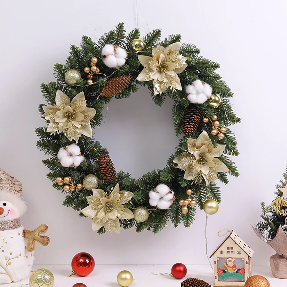 40CM Christmas Wreath Light Up Christmas Garland with Spruce Pine Cones Berry Ball Front Door Hanging Ornament Christmas Decor