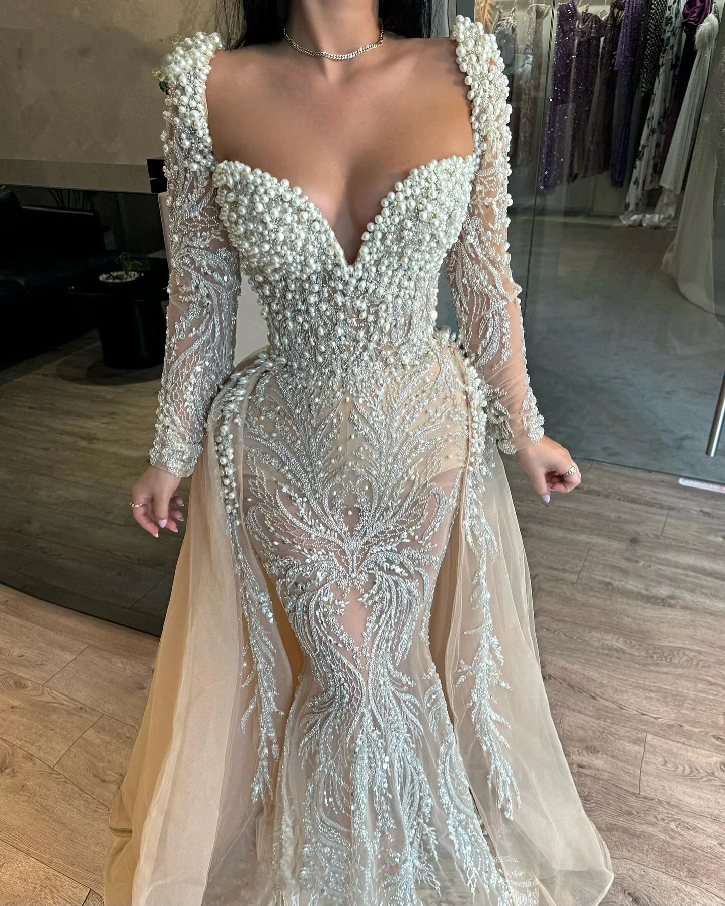 Fashion Evening Dresses Pearls Sequins Prom Gowns Detachable Train Sexy See Through Party Dresses Custom Made Vestidos de noche