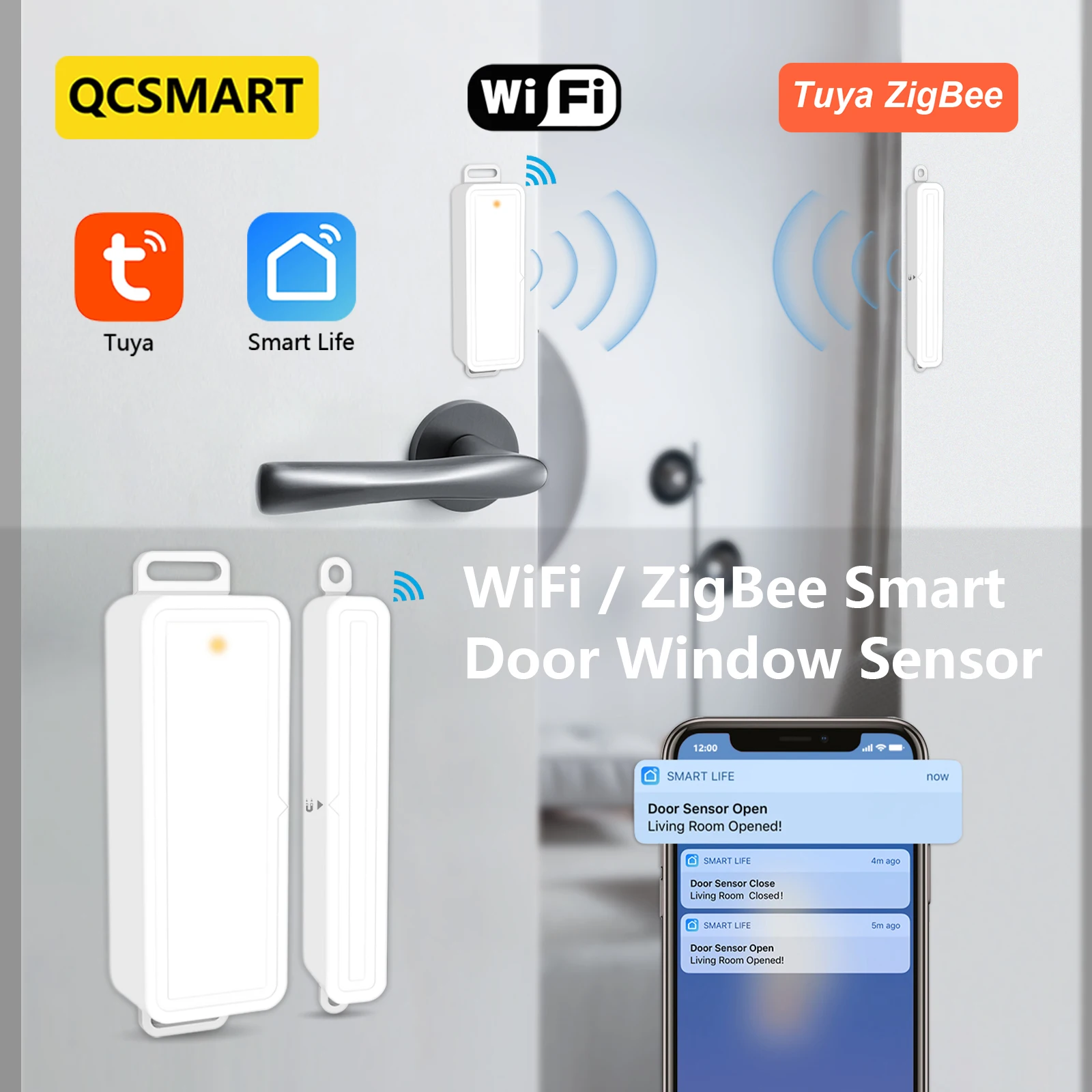 QCSMART Tuya Window/Door Sensor Security Wi-Fi/ZigBee Alarm System Detector Intelligent Linkage of Scenes