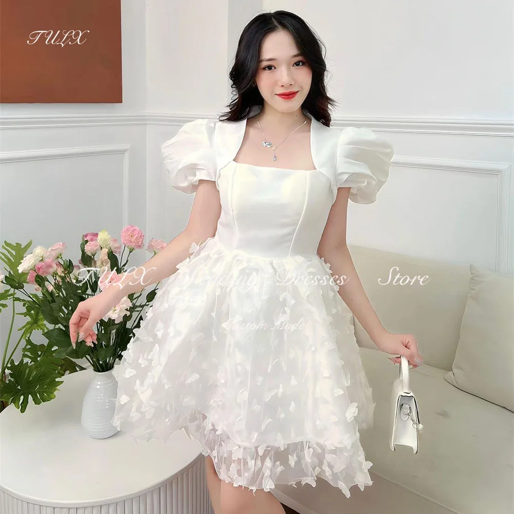 

TULX Fairy Lace Square Collar Satin Wedding Dress Puff Sleeve Short Prom Gown Customized Mini Above The Knee Formal Party Dress