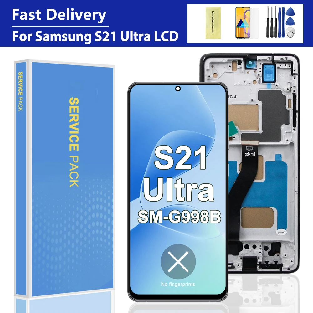 Für Samsung S21 Ultra G998B SM-G998B Getestetes LCD-Display, digitaler Touchscreen mit Rahmenersatz, kompatibel mit S21 Ultra