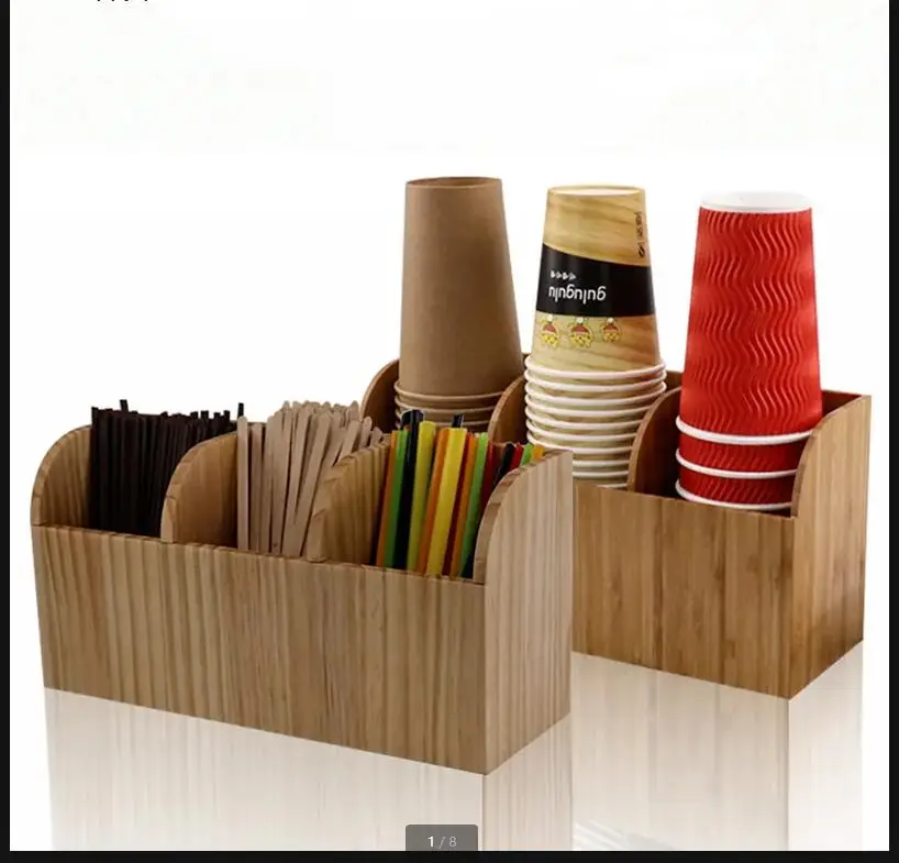 Bamboo Wood Acrylic Cup Holder Coffee Milk Tea Shop Three Grids Rack Straw Storage Organize Box Frame Container