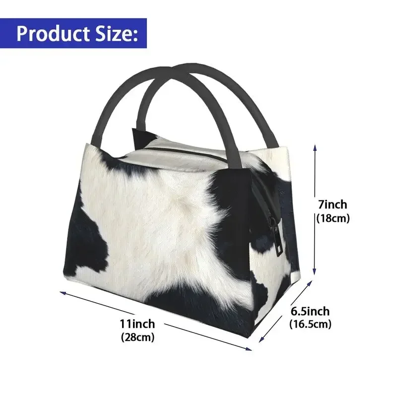 Print Black And White Cow Hide Insulated Lunch Bags for Women Simulated Cowhide Textured Portable Thermal Cooler Food Lunch Box