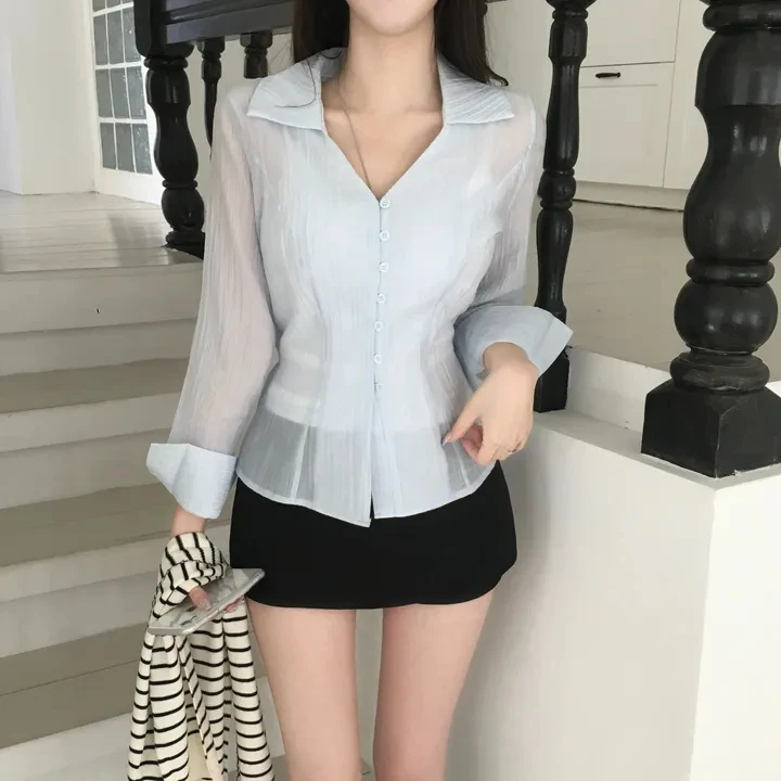 

Шикарная женская рубашка с длинным рукавом и одной пуговицей в винтажном стиле, с эффектом омоложения, складным дизайном и корейским стилем, летний топ