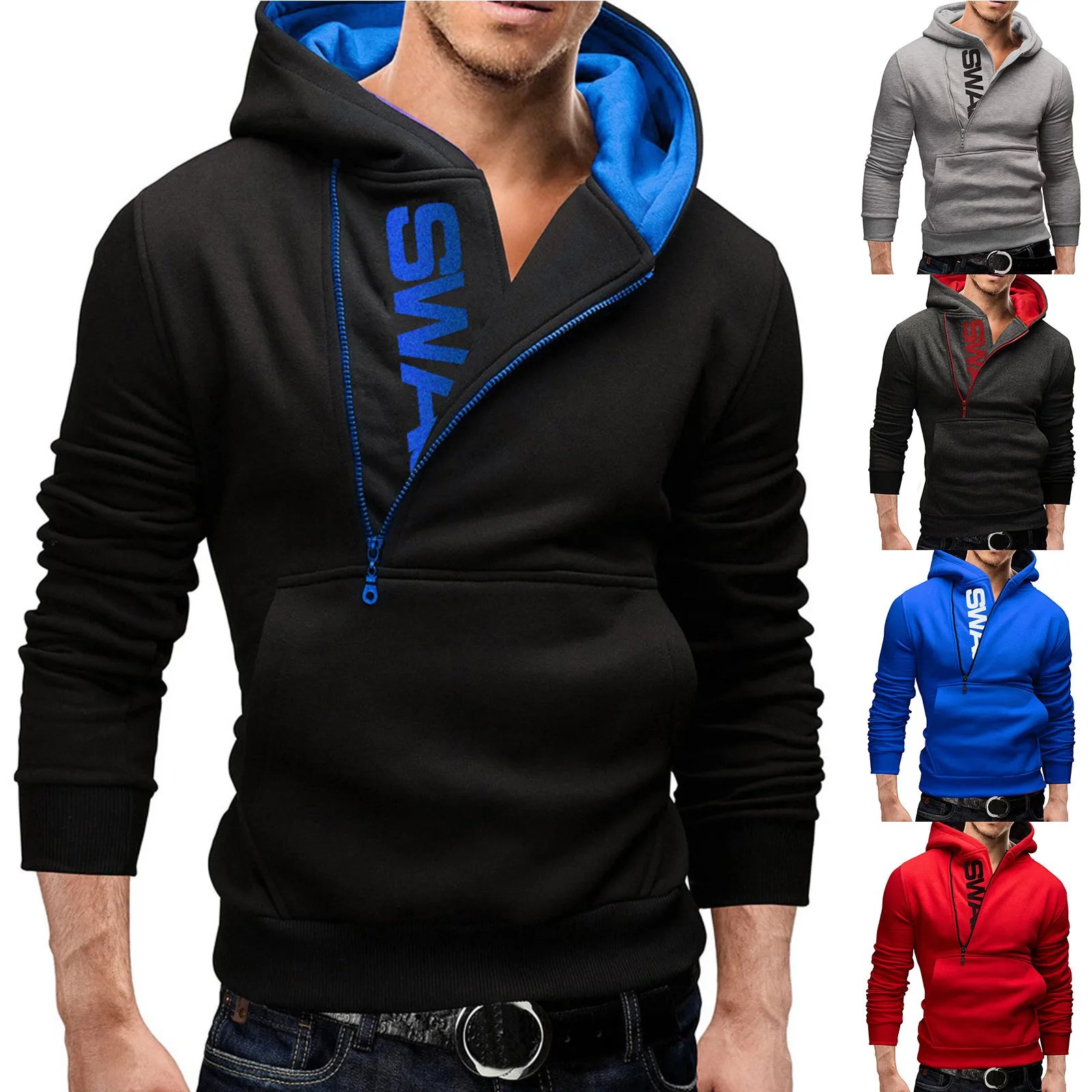 

Mens Pullover Side Zipper Contrast Hooded Sweater Outdoor Clothing Retro Outdoor