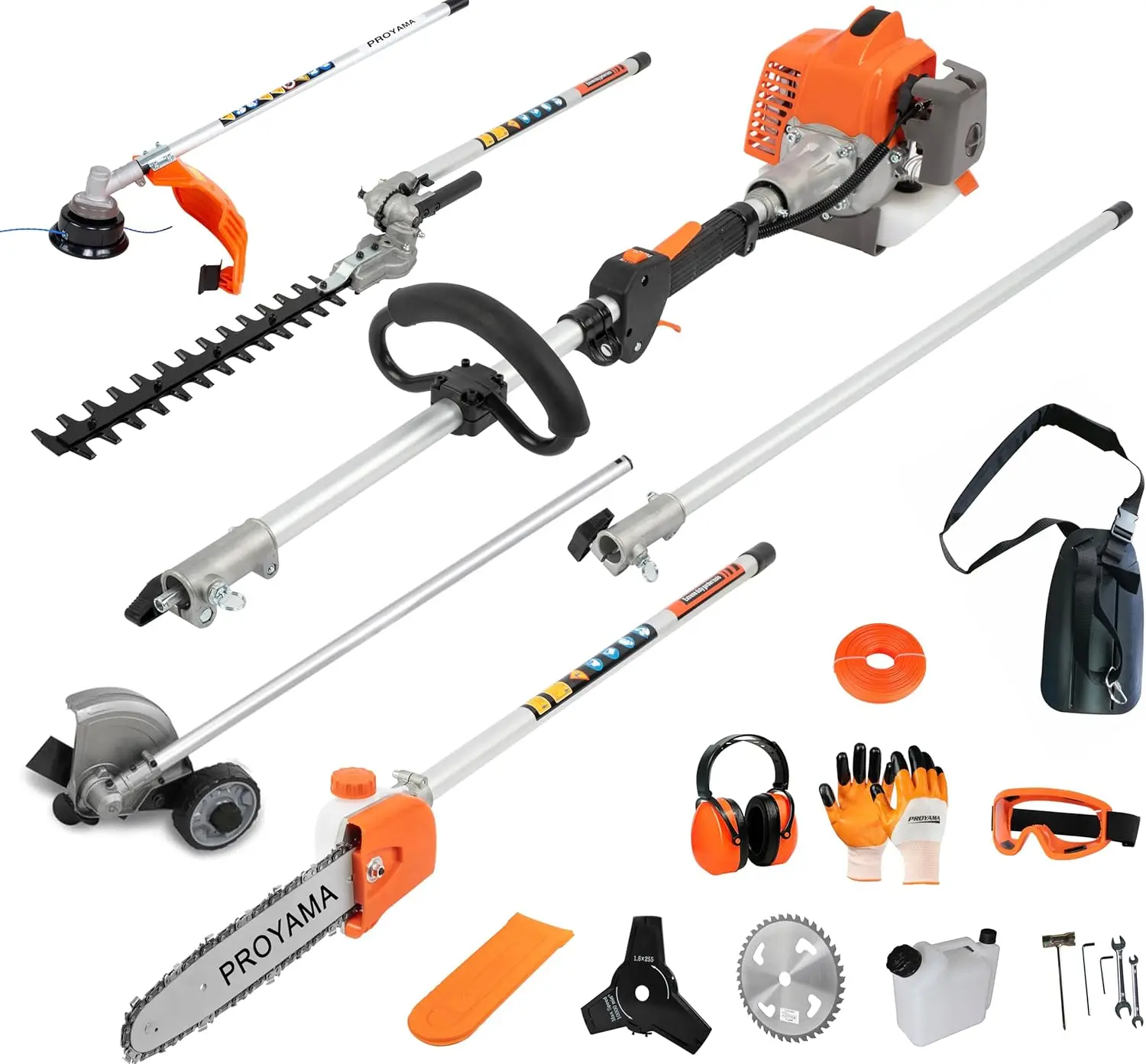 

26cc 6 in 1 Multi Functional Trimming Tools, Gas Hedge Trimmer, Weed Eater, String Trimmer, Brush Cutter, Edger, Pole Saw Chains