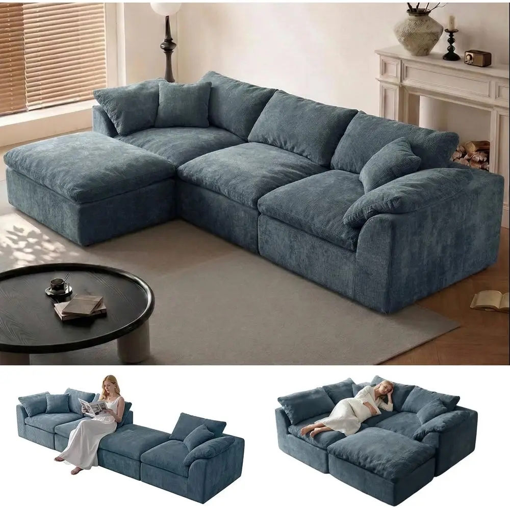 

Jumbo Chenille Corner Sofa with Ottoman, No Assembly Required, Blue Living Room Furniture