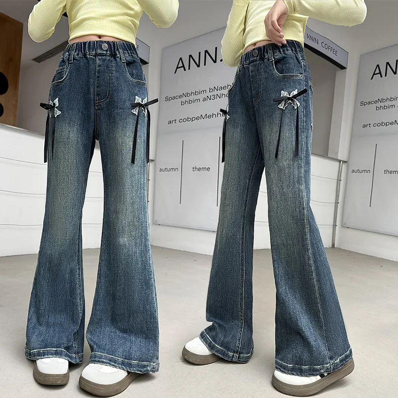 Fashion Teenager Girl Bootcut Jeans Slim Flared Denim Stretchy Vintage Wide Leg Baggy Loose Pants with Bow Kid Clothes 4-14Year