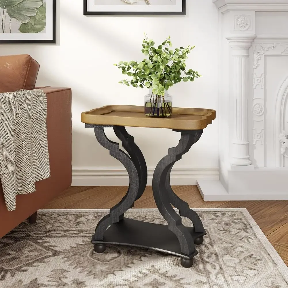 Country Wooden End Table with Bottom Shelf, Vintage Design for Living Room, Natural and Black Finish