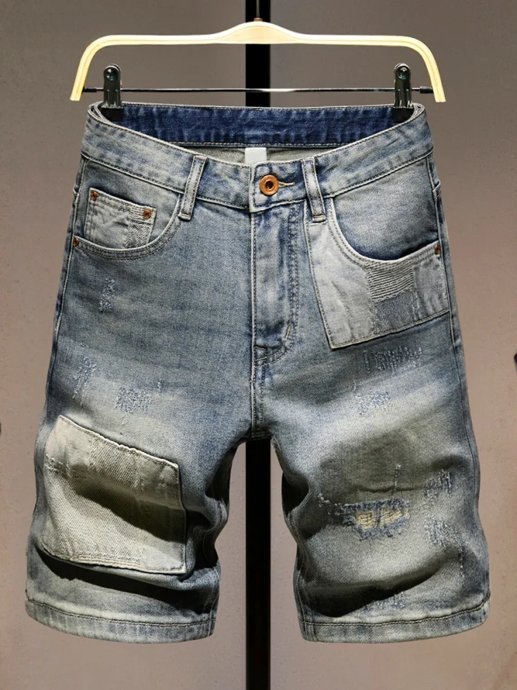 

Мужские джинсовые шорты American Sle Heavyweight: летние, модные, с пэчворком, дизайнерские, с эффектом потертости, в стиле рабочей одежды