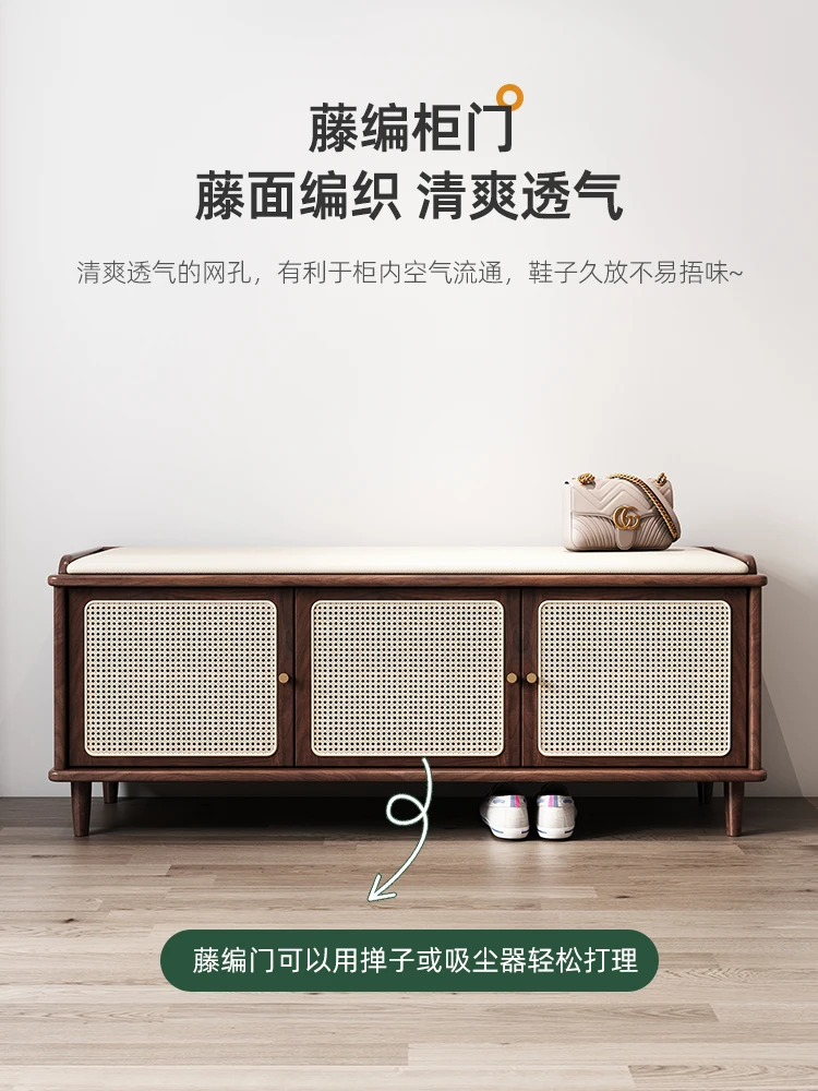 

Medieval solid wood shoe changing stool door home can sit shoe cabinet black retro rattan storage shoe stool