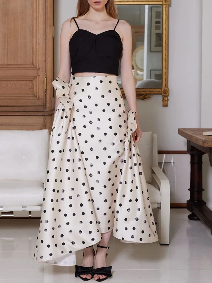 

Women's High Waist Colorblock Polka Dot Skirt Elegant Patchwork Folds Design Temperament A-Line Fashion Skirt Flattering Female
